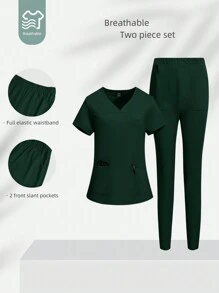 TaskEZ Conjunto de uniforme de scrubs de unicolor con top de manga corta y pantalones - Verde Oscuro - Ver 5