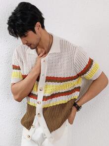 Manfinity Homme 男式前扣短袖条纹拼布休闲针织上衣 - 白色 - 查看 3