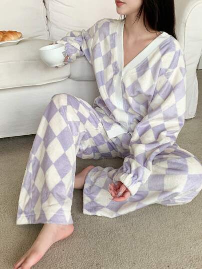 DAZY 菱形加厚绒边两件套睡衣，保暖内衬，秋冬服装