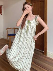 DAZY 全印花荷叶边下摆吊带睡袍 - 綠色 - 查看 7