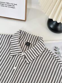 SHEIN Unity 女士休闲条纹卷袖宽松短款衬衫女士衬衫 - 棕色 - 查看 4