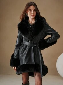 Anewsta Thickened Shearling Fur-Trimmed Fluffy Fluffy Cinched Waist Regular Women Jacket - Black - View 5