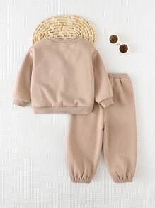 Cozy Pixies 2pcs Baby Boy Letter Pattern Soft Knit Crew Neck Long Sleeve Sweatshirt And Jogger Pants Set - Khaki - View 2
