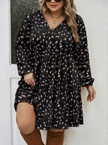 SHEIN LUNE Vestido de manga larga con cuello en V y volantes, con estampado floral desaliñado, para uso casual diario en otoño, en tallas grandes