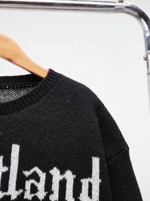 SHEIN 青少年男童休闲舒适百搭万圣节街头风保暖骷髅字母提花针织圆领宽松保暖毛衣，适合返校、秋季、秋冬季穿着。 - 黑與白 - 查看 6