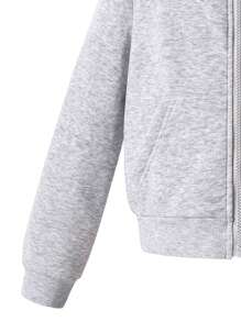 2pcs/Set Tween Girls All-Match Hooded Cropped Zip-Up Sweatshirt Set, Grey And Black - Multicolor - View 4