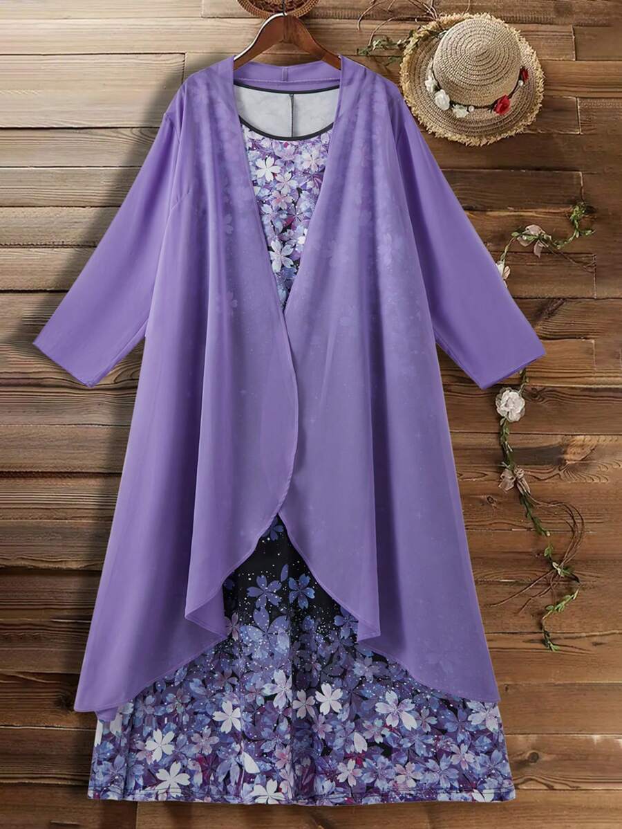 Plus Size Vacation Casual Solid Color Jacket And Floral Print Dress 2-Piece Set - Purple - View 1