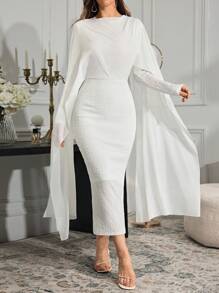 Modelyn Women Solid Color Cape Sleeve Dress Long Evening Dresses - White - View 5