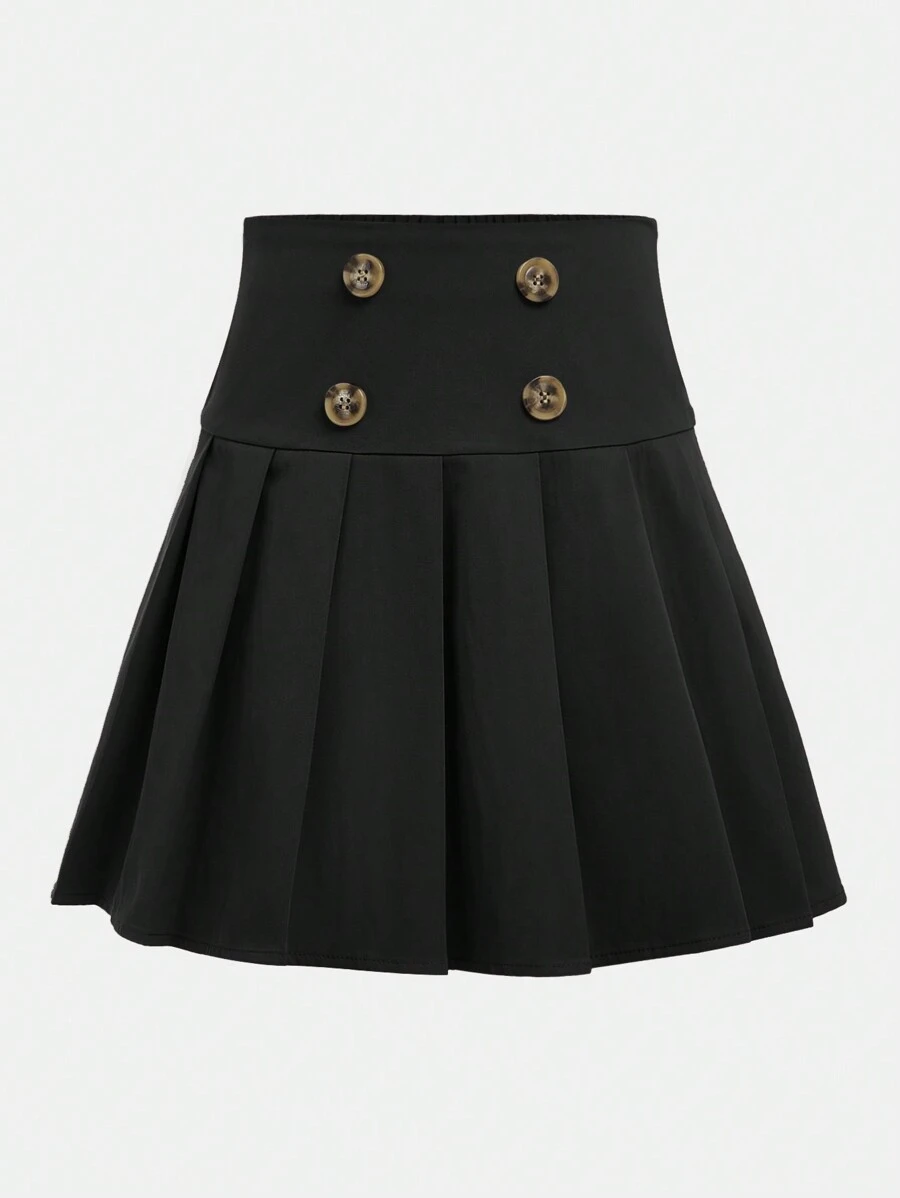 SHEIN Tween Girl  Casual Academy Solid-Colored High Waist Ruched  Skirt - Black - View 1