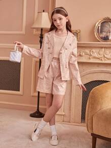 Tween Girl Collared Long Sleeve Vintage Formal Blazer, Vest And Casual Shorts 3pcs Set, Autumn/Winter