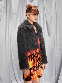 SHEIN 青年毛绒短夹克外套，适合搭配单肩包、背包、斜挎包、棒球帽、渔夫帽、贝雷帽、短靴、长靴、休闲鞋、玛丽珍鞋、太阳镜、耳机 - 灰色 - 查看 4