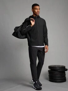 Manfinity Running 男友风格男士纯色长袖拉链连帽运动夹克，4 季 - 黑色 - 查看 3