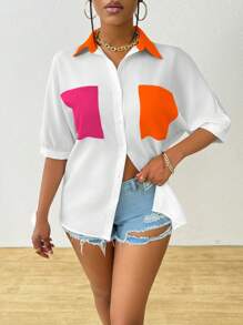 SHEIN LUNE Women's Summer Colorblock Pocket Short Sleeve Loose Casual Shirt,Short Sleeve Tops - Multicolor - View 4