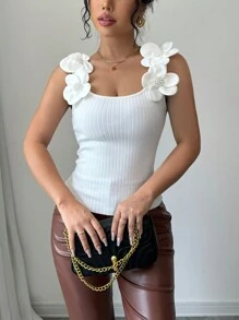 Selianne Áo ba lỗ dệt kim dày cổ vuông họa tiết hoa thường ngày cho nữ - trắng - Xem 3