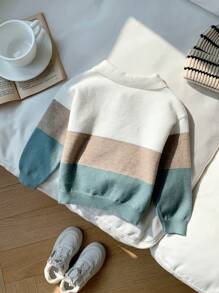 SHEIN 小男孩休闲撞色针织软领拉链长袖毛衣，适合秋冬季通勤、上学、居家、休闲、街头风格、派对和户外