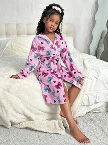 SHEIN Tween Girl's Bow Decor Long Sleeve Hooded Removable Waist Belt Flannel Bathrobe, Autumn/Winter - Pink - View 3