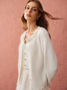 Enchnt Maglione casual ed elegante da donna con collo rotondo, polsini con bottoni e maniche lunghe, maglioni natalizi, maglioni da donna, cardigan da donna