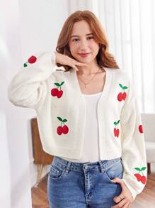 SHEIN Girlism Teen Girls White & Red Cherry Fruit Pattern Embroidered Versatile Cardigan Sweater,In Fall/Winter