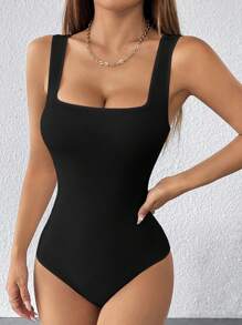 SHEIN PETITE Body de un solo color con tirantes anchos, modelo básico de licra - Negro - Ver 6