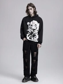 ROMWE MEN Goth Men Casual Drawstring Printed Batwing Sweatshirt, Halloween - Black - View 4