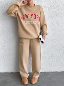 SHEIN Cottnline Cotton Casual, Text Print, Easy To Style, Simple, Daily Wear, Sweatshirt & Sweatpants 2pcs Set - Beige - View 1