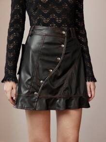 Falda mini evasé de mujer con volantes en el bajo, de piel de poliuretano