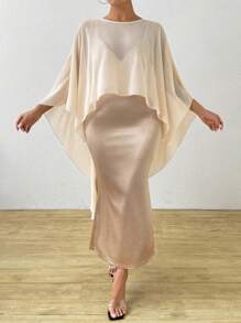 SHEIN Unity 2pcs/Set Plus Size Elegant Chiffon Cover Up And Slip Dress - Apricot - View 1