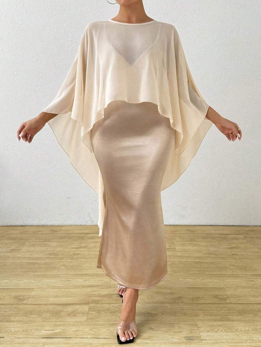 SHEIN Unity 2pcs/Set Plus Size Elegant Chiffon Cover Up And Slip Dress - Apricot - View 1