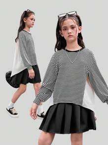 SHEIN 2pcs Tween Girl Knit Asymmetrical Patchwork Top And Pleated Skirt Set