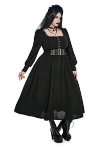 Whyspr 暗黑朋克哥特式中世纪复古暗黑哥特式巴洛克宫廷风格泡泡袖复古金属装饰纽扣腰部喇叭裙长款哥特女装 - 黑色 - 查看 3