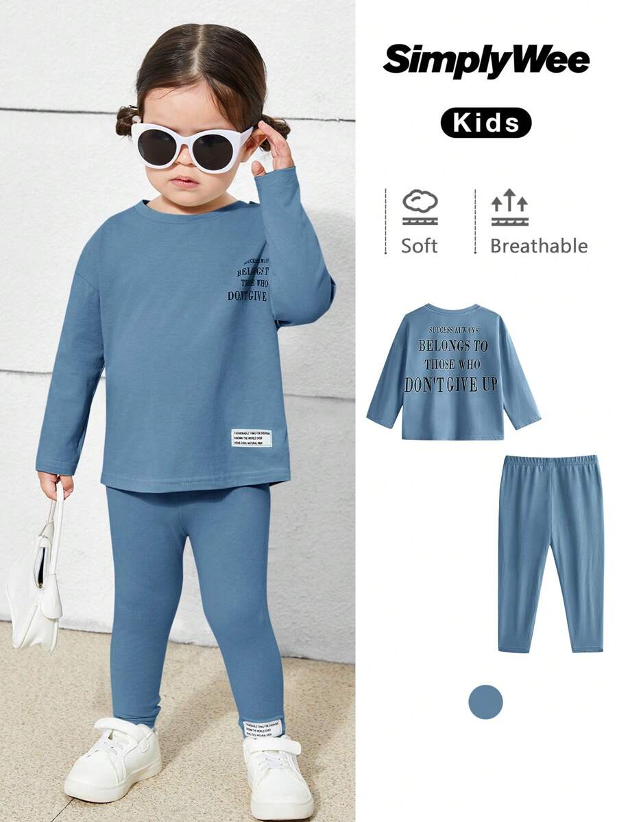 SHEIN Baby Girl Cute Knitted Letter Print Long Sleeve Top And Elastic Waist Pants Set - Blue - View 1