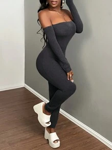 Slaydiva 休閒深灰色無肩帶長袖修身連身褲-E款 - 深灰色 - 查看 1