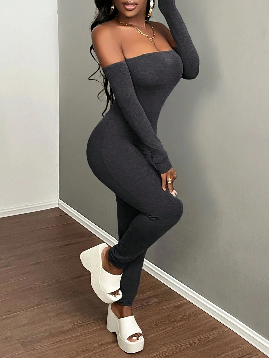 Slaydiva 休閒深灰色無肩帶長袖修身連身褲-E款 - 深灰色 - 查看 1