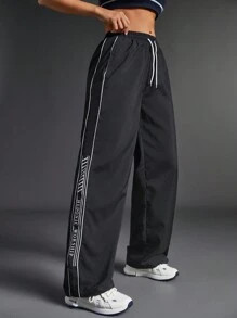 SHEIN 女士抽绳侧条纹休闲运动运动裤 - 黑色 - 查看 7