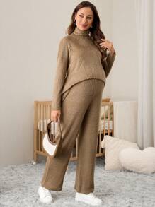 SHEIN Bộ quần áo bà bầu 2 món - Áo hoodie cổ cao dài tay & Quần ống rộng có thể điều chỉnh eo, Thu Đông - Cà phê nâu - Xem 4