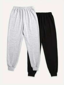 SHEIN EZwear 女士蝴蝶印花抽绳口袋黑色和灰色慢跑裤 - 彩色 - 查看 2