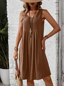 EMERY ROSE Váy không tay xếp ly họa tiết hoa giản dị dành cho nữ, mùa hè - màu nâu - Xem 4