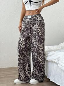 SHEIN EZwear Quần ống rộng ống loe họa tiết chữ và da báo cho nữ - Màu Khaki - Xem 5