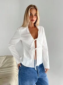 Aloruh 女士休闲棉麻深 V 领蝴蝶结前宽松长袖衬衫女士衬衫长袖衬衫白衬衫女士衬衫外出上衣工作女士衬衫秋季衬衫秋季女士衬衫白衬衫女士 - 白色 - 查看 1