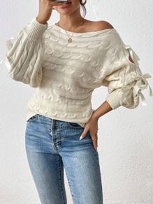 Chiquease Women's Solid Color Round Neck Hollow Out Long Sleeve Bow Decor Sweater, Autumn & Winter, Knit Pullover Fall - Apricot - View 6