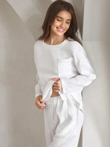 Ocili Leisure Women's Solid Color Drop Shoulder Long Sleeve Pocket Shirt And Pants Loungewear Set - White - View 4