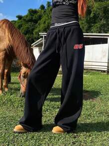 INAWLY Women's Letter Printed Drawstring Waist Wide Leg Relaxed Casual Black Sweatpants Graduation,Back To School Outfits,Graduation,Teacher Outfits For Women,Back To School Fall Cloth For Women - Black - View 3