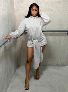 Zolique Slayr Casual Street Cinched Waist Loose Hooded Sweatshirt Fall Cloth For Women - Grey - View 6