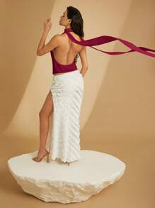 Hauture 夸张腰带围脖领雪纺上衣 - 酒紅色 - 查看 3