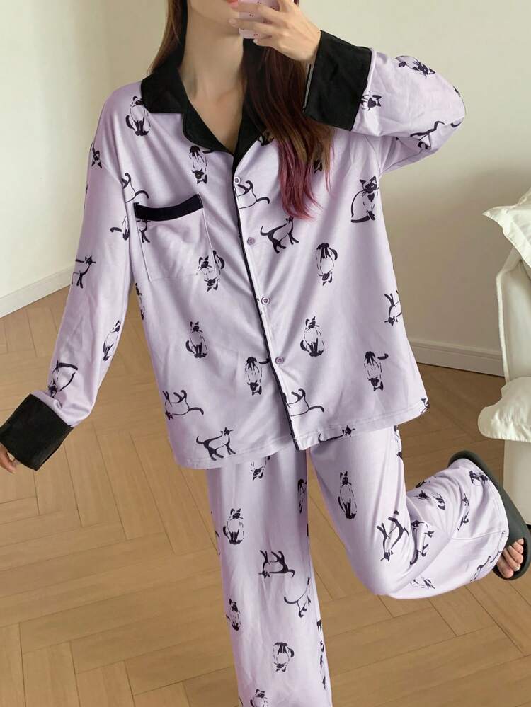 Women's Cat Print Color Block Long Sleeve Pajama Set