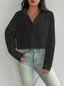 Calvaya Camisa minimalista de manga larga con botones y unicolor negro sobredimensionada, Blusas de manga larga - Negro - Ver 3