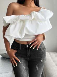 Chiquease Women Solid Color Asymmetrical Neck Ruffle Sleeveless Sexy Top - White - View 3