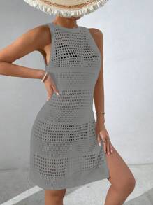 Women's Solid Color Casual Sleeveless Sheer Coverup Summer - Dark Grey - View 5