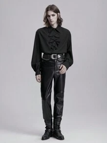 ROMWE MEN Goth 1 Áo sơ mi nam tay dài cài nút phía trước màu trơn, mùa thu - màu đen - Xem 6