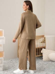 SHEIN Bộ quần áo bà bầu 2 món - Áo hoodie cổ cao dài tay & Quần ống rộng có thể điều chỉnh eo, Thu Đông - Cà phê nâu - Xem 2